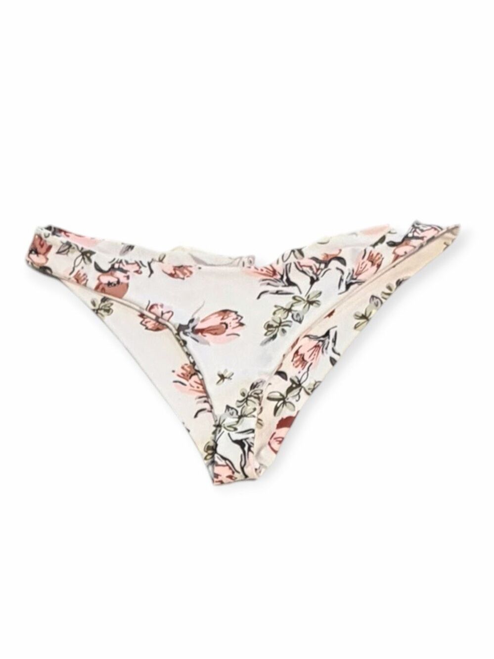 Floral Cheeky Bikini Bottoms White Pink Green Low Rise Size Large